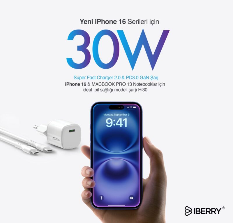 IBERRY Hİ30 ULTRA FAST COLD GaN COMPACT EFFICIENT & HI TECH 30W SEYAHAT HIZLI ŞARJ ALETİ  USB C - Görsel 2