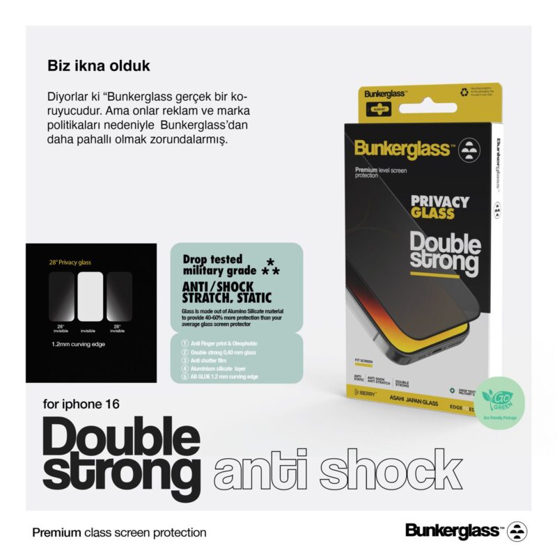 BUNKERGLASS DOUBLE STRONG iPh.15 HAYALET CAM EKRAN KORUYUCU - Görsel 4