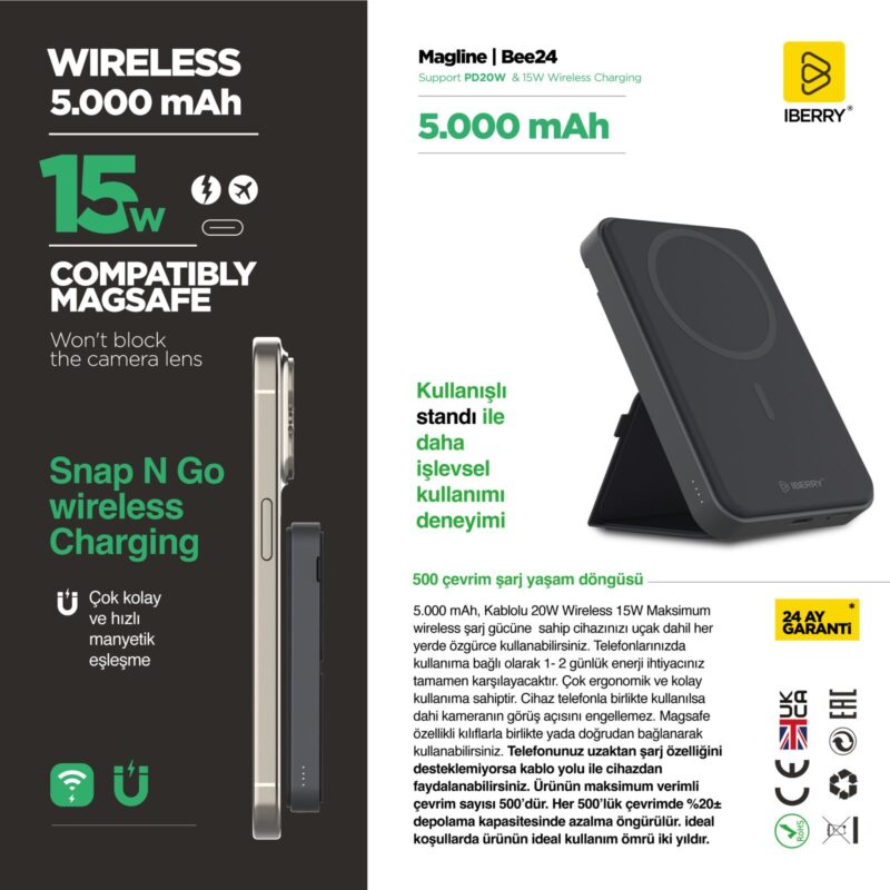 IBERRY MAGLINE B5000 WIRELESS 5.000 mAh Powerbank - Görsel 6
