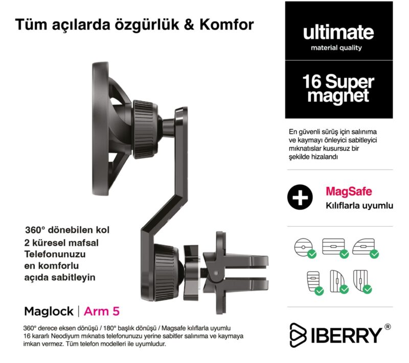 İBERRY MAGLOCK ARM 5 KLİPSLİ MAGSAFE ARAÇ İÇİ TELEFON TUTUCU - Görsel 2