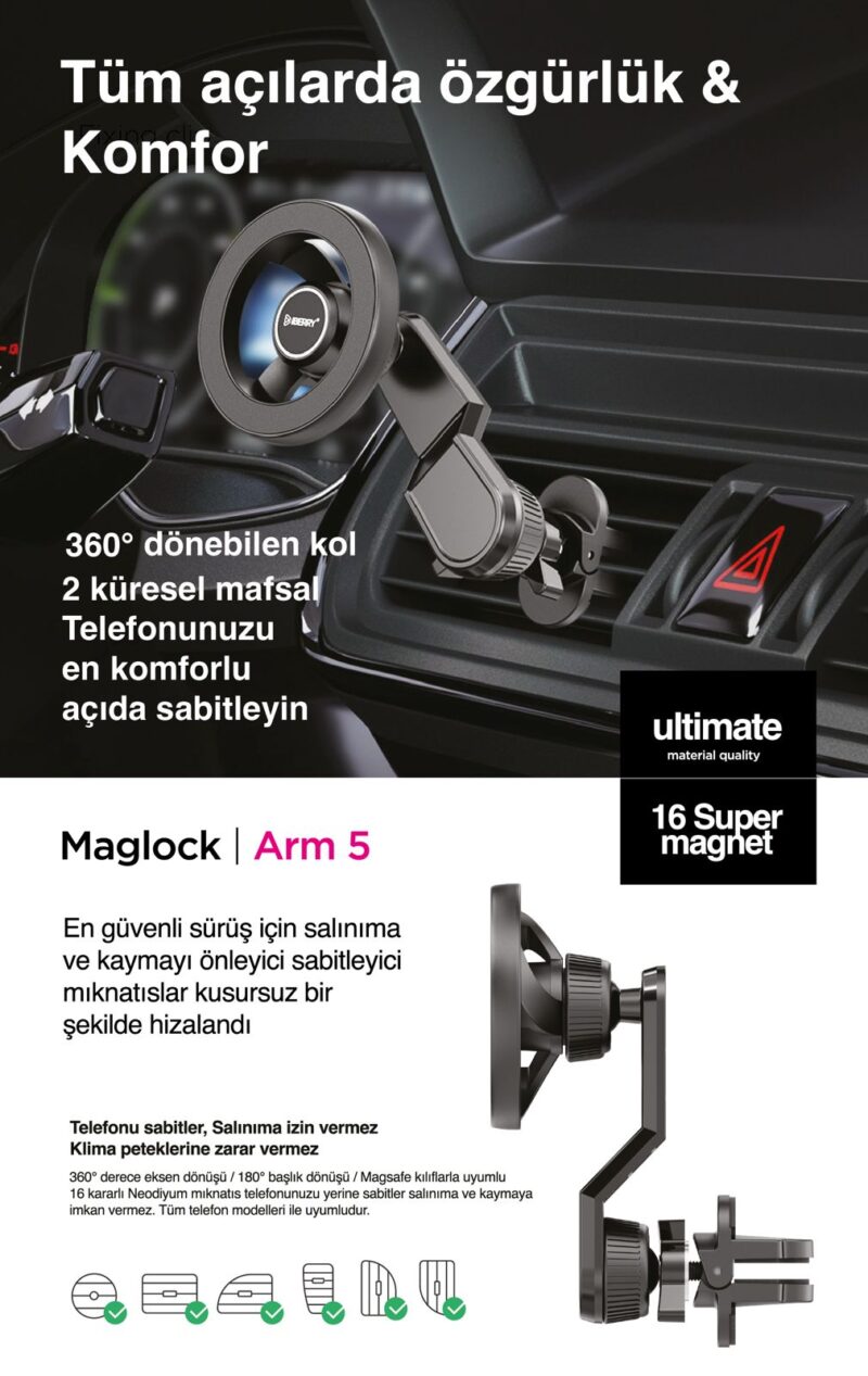 İBERRY MAGLOCK ARM 5 KLİPSLİ MAGSAFE ARAÇ İÇİ TELEFON TUTUCU - Görsel 3