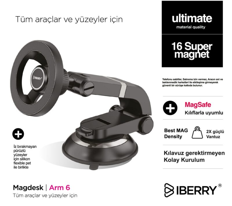 İBERRY MAGLOCK ARM 6 VANTUZLU MAGSAFE ARAÇ İÇİ TELEFON TUTUCU - Görsel 7