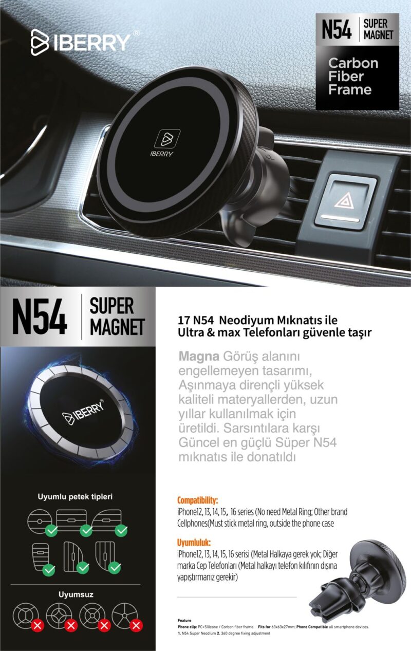 İBERRY MAGNA1 KARBON KLİPSLİ MANYETİK ARAÇ İÇİ TELEFON TUTUCU - Görsel 4