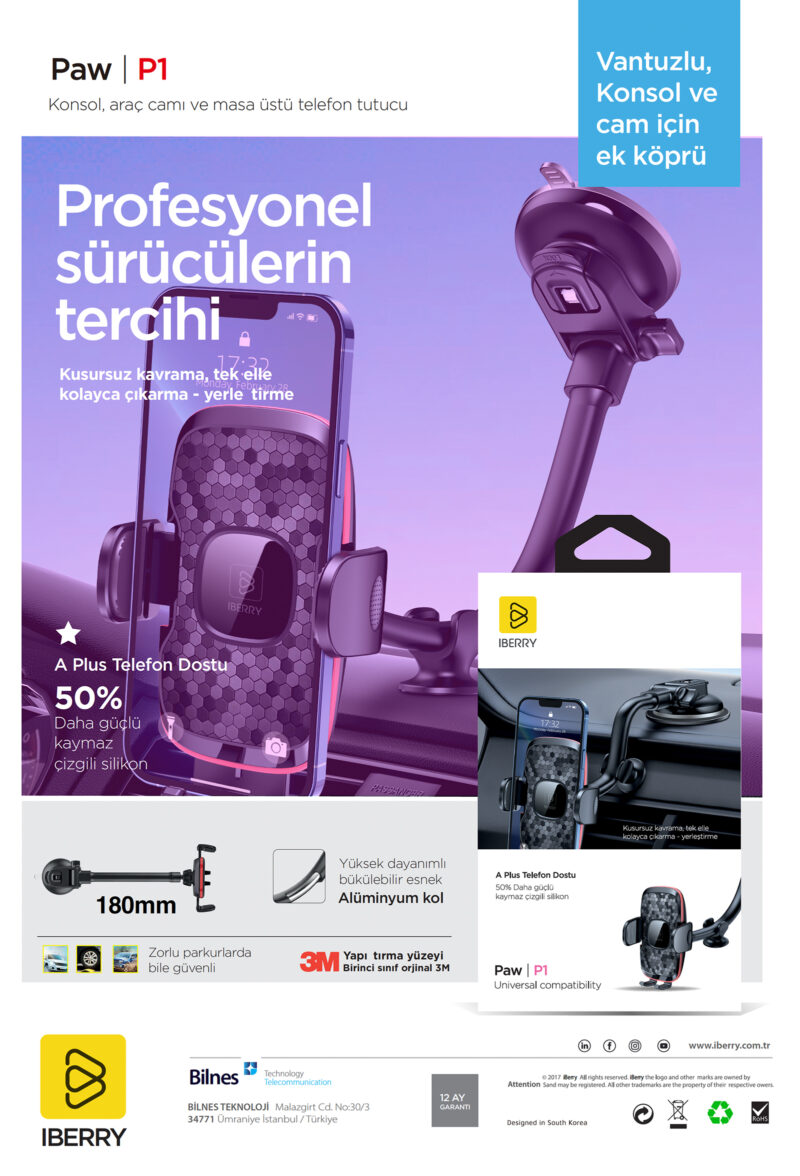 İBERRY PAW P1 VANTUZLU ARAÇ İÇİ TELEFON TUTUCU - Görsel 2