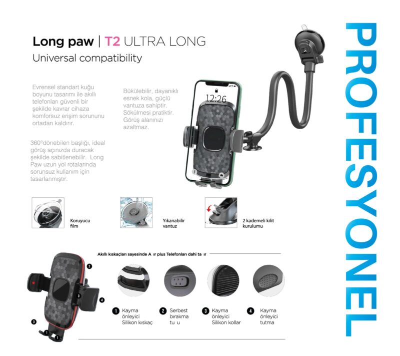 İBERRY LONG PAW T2 VANTUZLU ARAÇ İÇİ TELEFON TUTUCU - Görsel 2